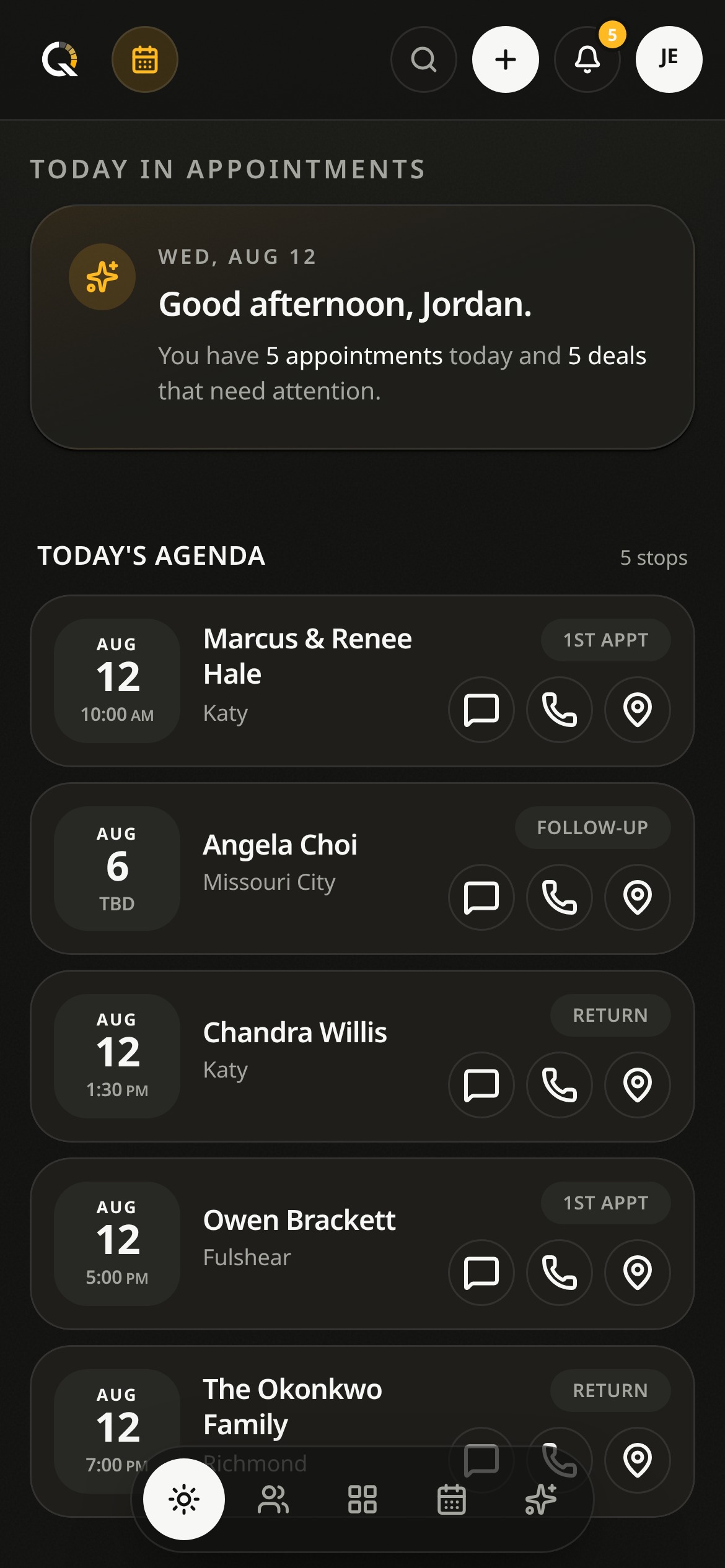 Quota app in dark mode showing today's appointments